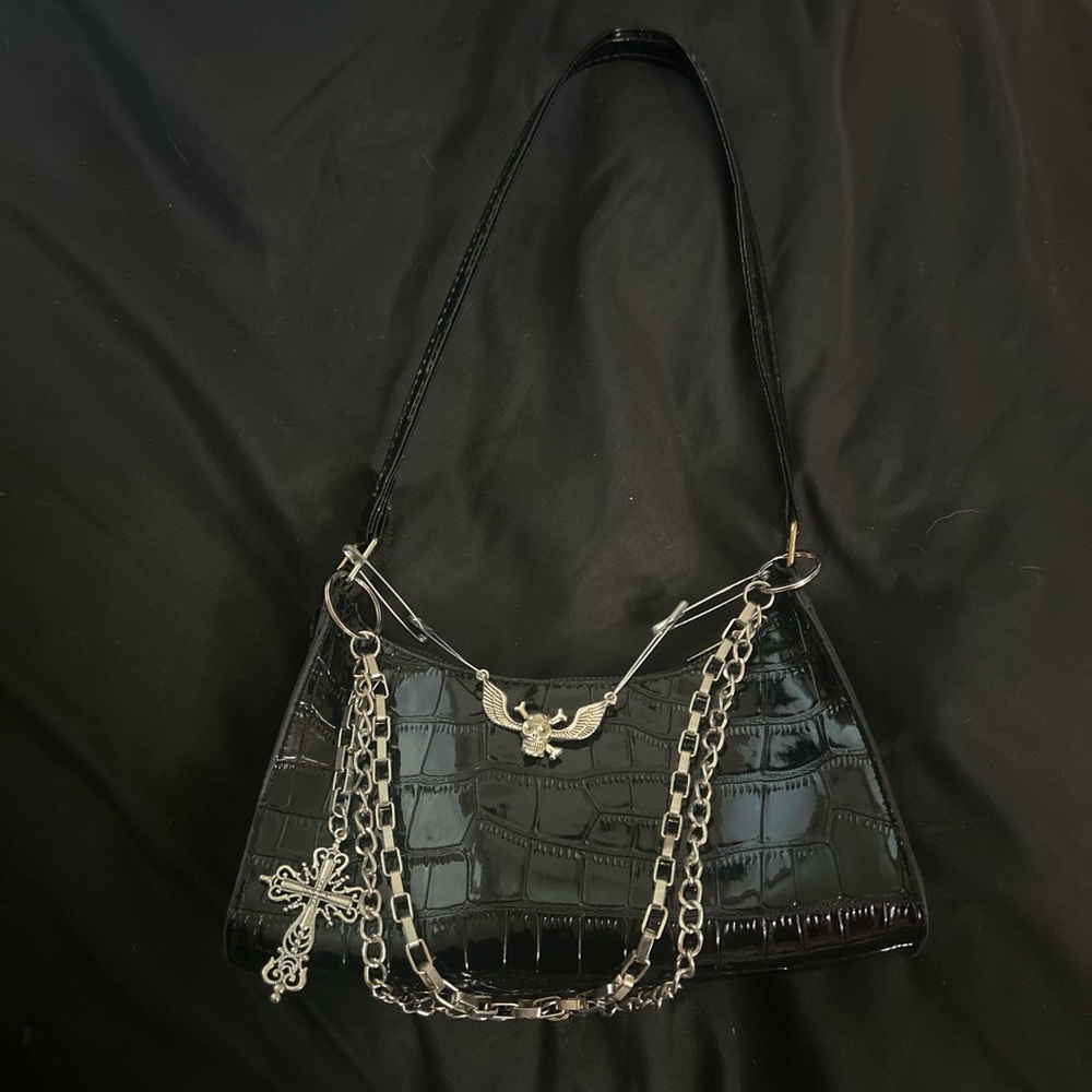 Handmade Black Shoulder Bag with Gothic Chains